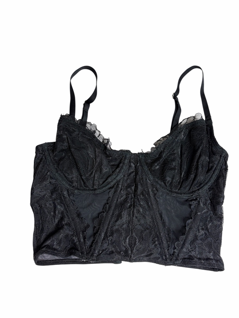 Black lace & mesh sheer bustier bra top with underwire & boning size XS or S